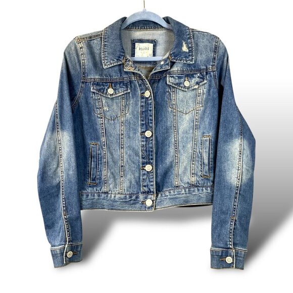 Mudd Jean Jacket Womens Sz S Blue Distressed Faded Trucker Stretch Soft Denim - Picture 1 of 9